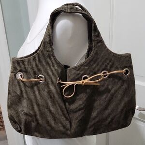 Women's Small Forest Green Corduroy Tote Bag With Leather Ribbon, Magnetic Close